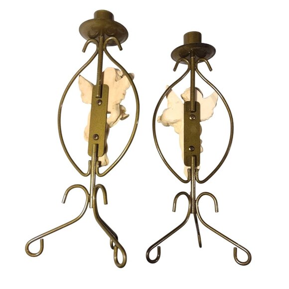 Vintage Angel Cherub Taper Candle Holders Set Of 2 Gold Brass Resin 12" Baroque - Picture 5 of 9